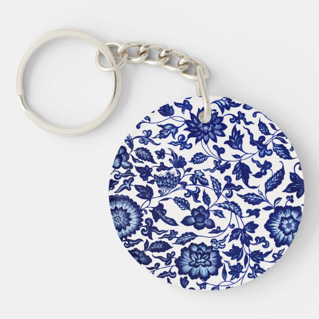 Chinese Dark navy blue floral pattern on white Keychain (Front)