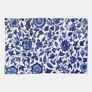 Chinese Dark navy blue floral pattern on white Kitchen Towel