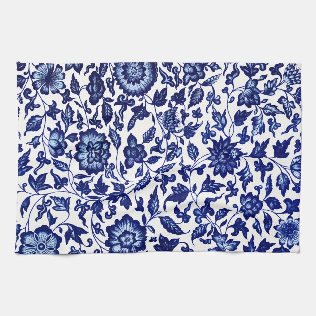 Chinese Dark navy blue floral pattern on white Kitchen Towel (Horizontal)