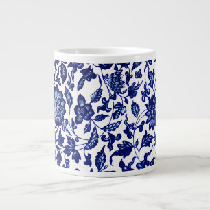 Chinese Dark navy blue floral pattern on white Large Coffee Mug