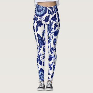 Chinese Dark navy blue floral pattern on white Leggings