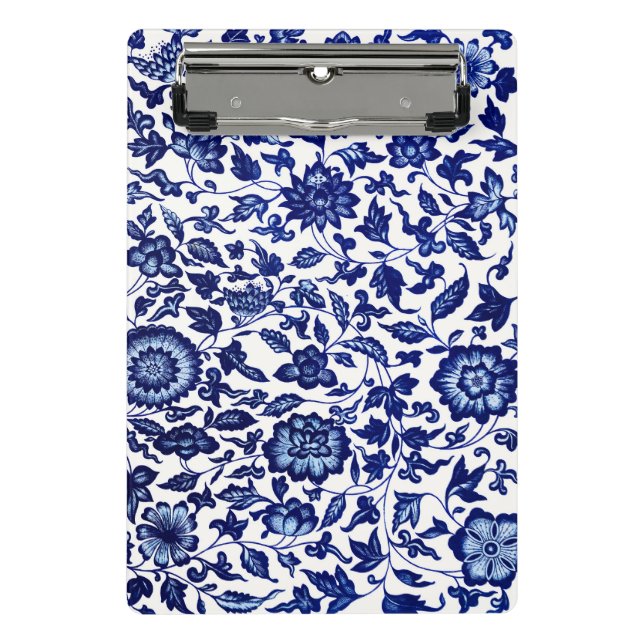 Chinese Dark navy blue floral pattern on white Mini Clipboard (Front)