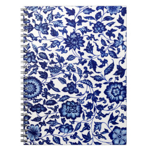 Chinese Dark navy blue floral pattern on white Notebook