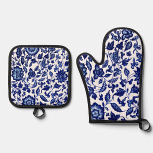 Chinese Dark navy blue floral pattern on white Oven Mitt & Pot Holder Set
