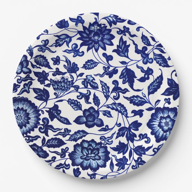 Chinese Dark navy blue floral pattern on white Paper Plate (Front)