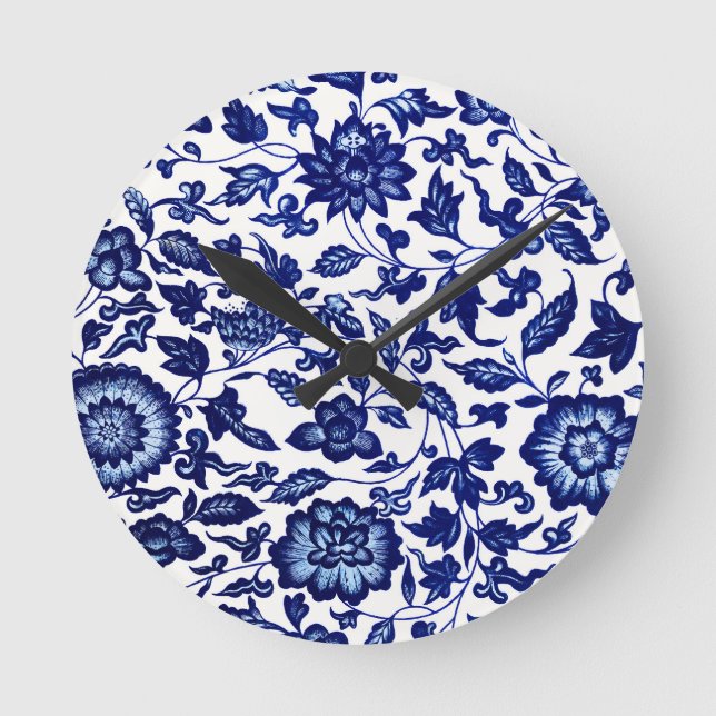 Chinese Dark navy blue floral pattern on white Round Clock (Front)
