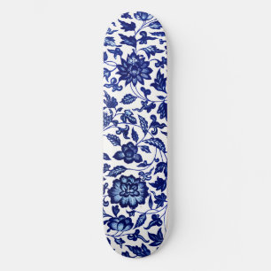 Chinese Dark navy blue floral pattern on white Skateboard