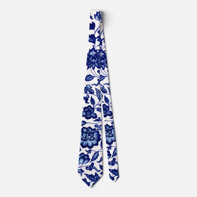 Chinese Dark navy blue floral pattern on white Tie (Front)