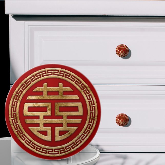 Chinese Double Happiness Red and Gold Ceramic Knob (Creator Uploaded)