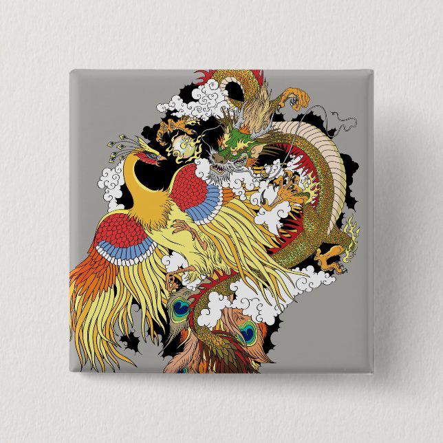 chinese dragon and phoenix 2 inch square button (Front)