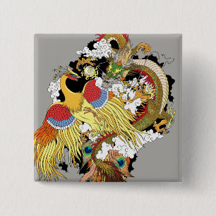 chinese dragon and phoenix 2 inch square button