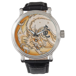 Chinese Dragon Black Vintage Leather Watch