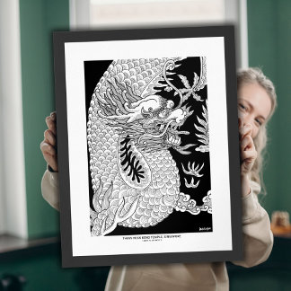 Chinese Dragon Black White Ink Sketch Poster