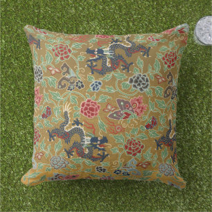Chinese Dragon Butterfly & Flower Colourful Art Outdoor Pillow