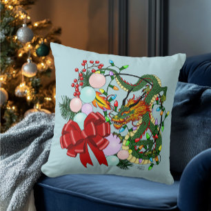 Chinese Dragon Christmas Wreath Throw Pillow
