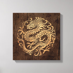Chinese Dragon Circle with Wood Grain Effect Canvas Print
