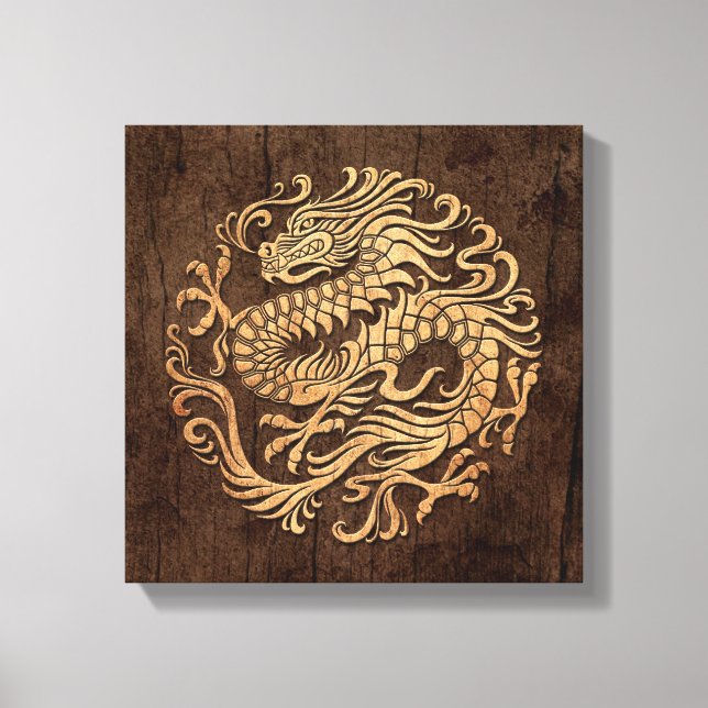 Chinese Dragon Circle with Wood Grain Effect Canvas Print (Front)