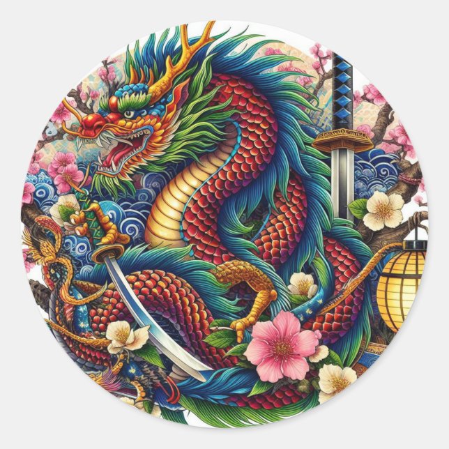 chinese dragon classic round sticker (Front)
