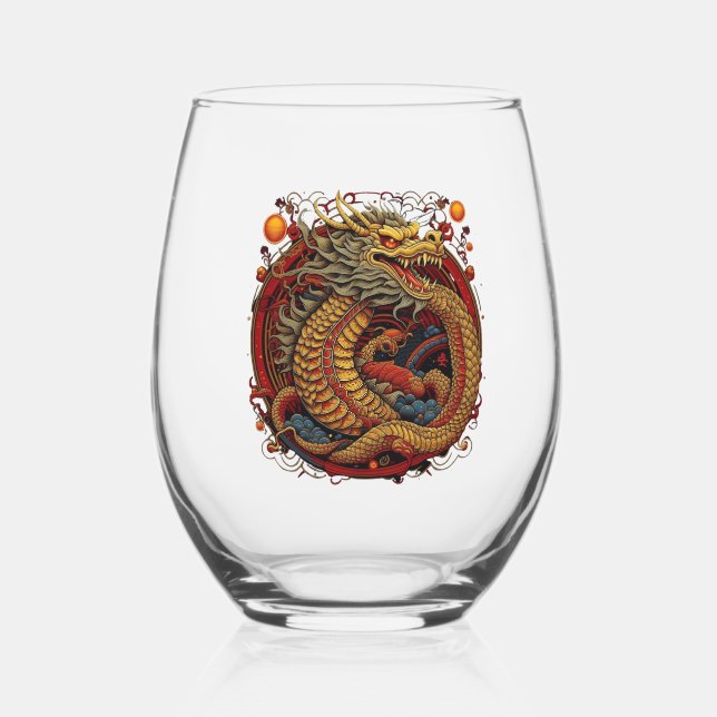 Chinese dragon. Dragon in a circle. Stemless Wine Glass (Front)