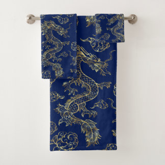 Chinese Dragon Gold and Dark Blue Bath Towel Set