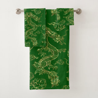 Chinese Dragon Gold and Dark Green Bath Towel Set