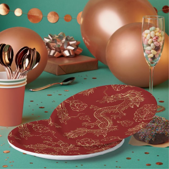 Chinese Dragon Gold and Dark Red Paper Plate (Multi)