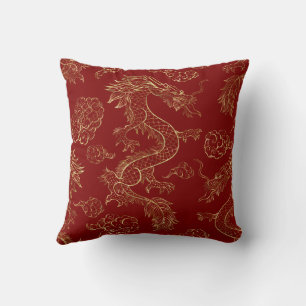 Chinese Dragon Gold and Dark Red Throw Pillow