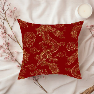 Chinese Dragon Gold and Dark Red Throw Pillow