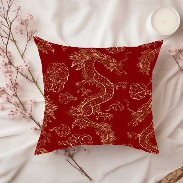 Chinese Dragon Gold and Dark Red Throw Pillow (Creator Uploaded)