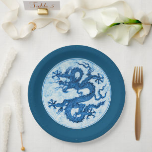 Chinese Dragon, Indigo Blue and White  Paper Plate