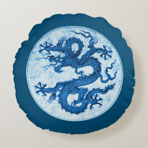 Chinese Dragon, Indigo Blue and White  Round Pillo Pillow