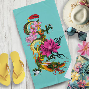 Chinese Dragon Lotus Cherry Blossoms Beach Towel