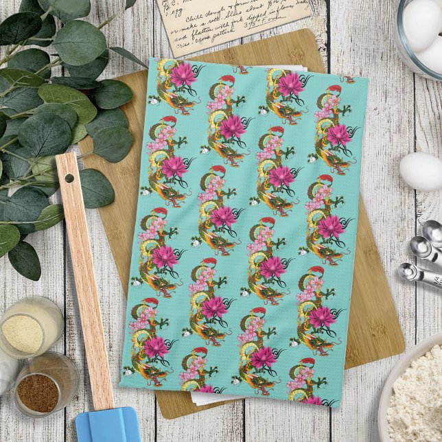 Chinese Dragon Lotus Cherry Blossoms Kitchen Towel (Creator Uploaded)