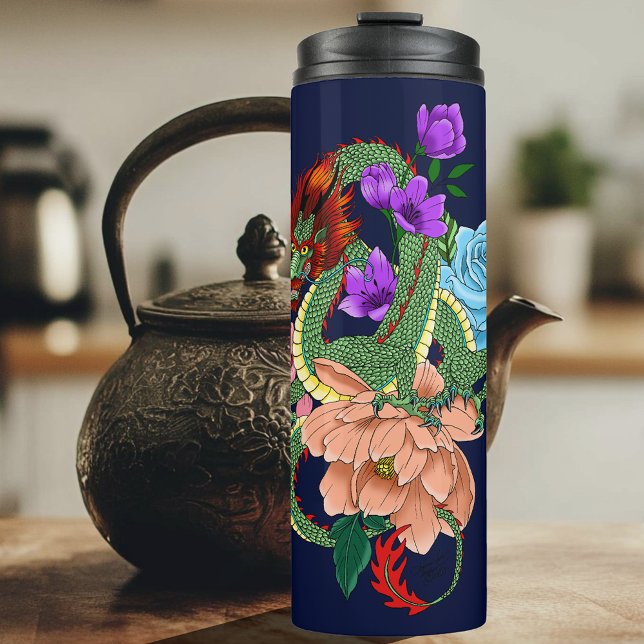 Chinese Dragon Navy Blue Flowers Thermal Tumbler (Creator Uploaded)