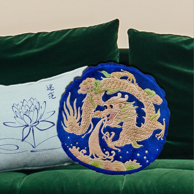 Chinese Dragon on Cobalt Blue Round Throw Pillow (Creator Uploaded)