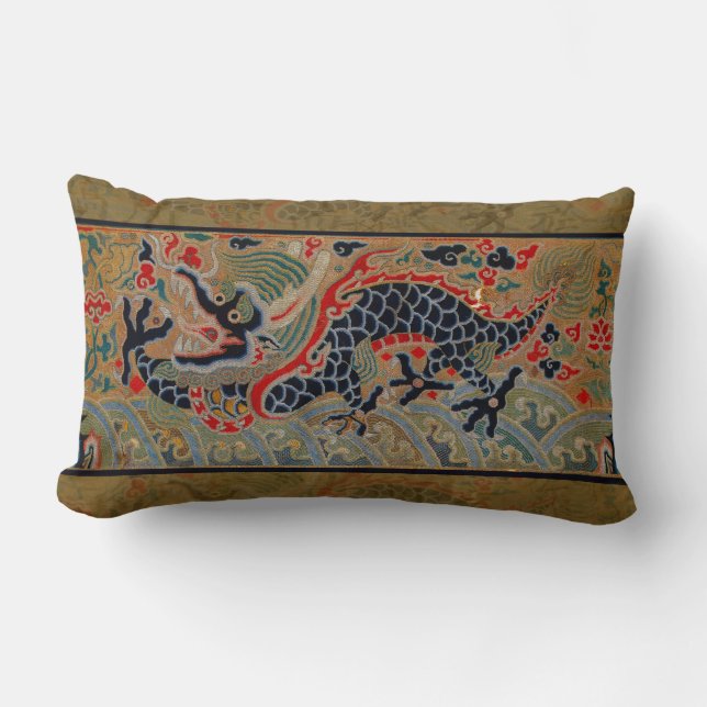 Chinese Dragon Symbol Antique Asian Lumbar Pillow (Front)