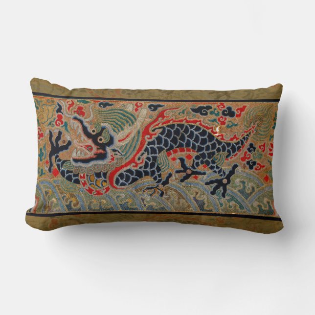 Chinese Dragon Symbol Antique Asian Lumbar Pillow (Front)