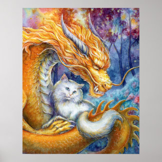 Chinese Dragon & White Cat in Forest Watercolor Poster