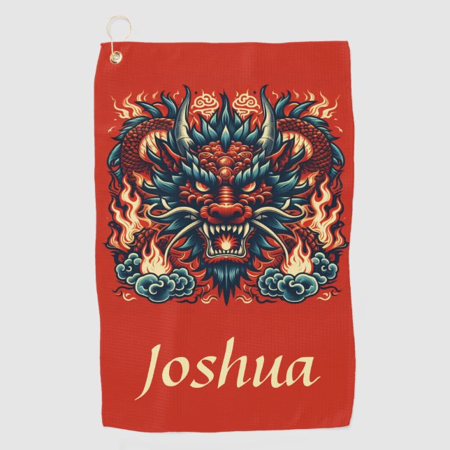 Chinese Dragon with Flames Golf Towel (Front)