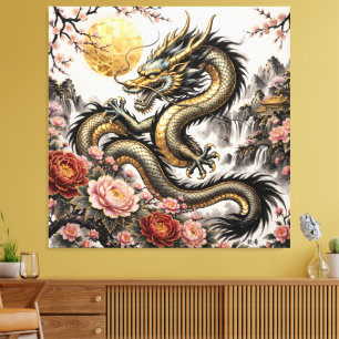 Chinese Dragon with Peonies and Full Moon – Gold I Canvas Print