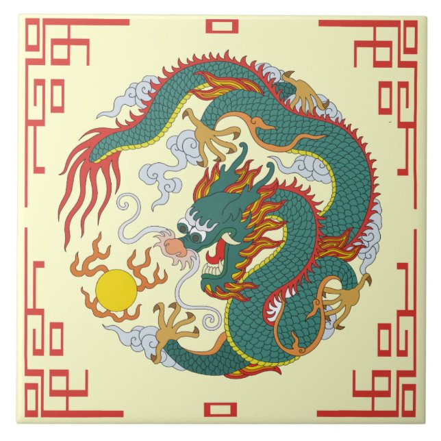Chinese Dragon with Red Border Decorative Tile (Front)