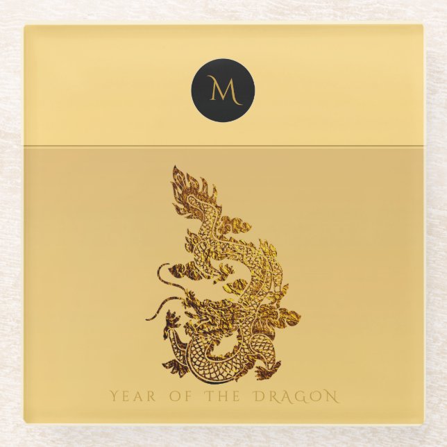 Chinese Dragon Year 2024 Elegant Monogram GlSC Glass Coaster (Front)