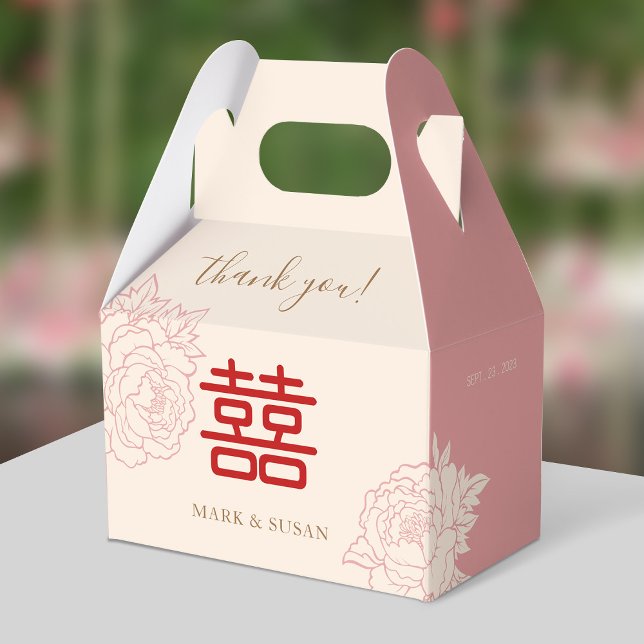 Chinese Elegant Double Happiness Peonies Wedding Favor Box (FRONT)
