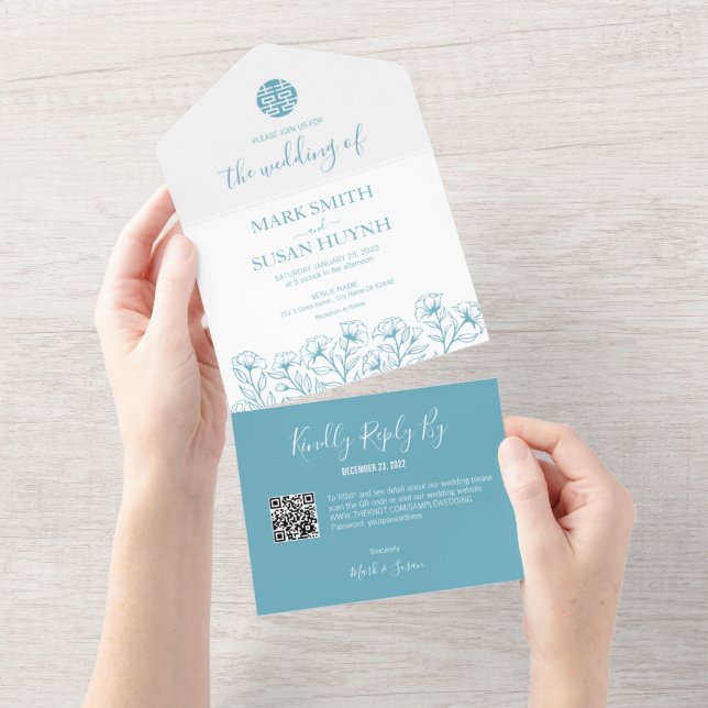 Chinese Elegant Floral All in One Wedding Invite (Tearaway)