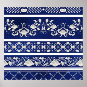 Chinese Floral Blue: Vintage Watercolor Borders Poster