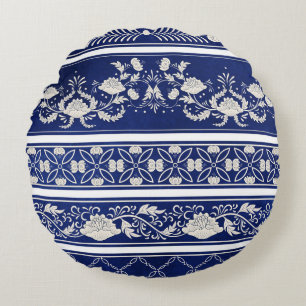 Chinese Floral Blue: Vintage Watercolor Borders Round Pillow