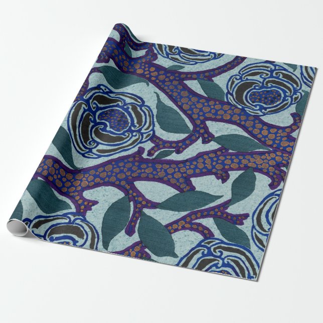 CHINESE FLORAL PATTERN WRAPPING PAPER IN BLUES  (Unrolled)