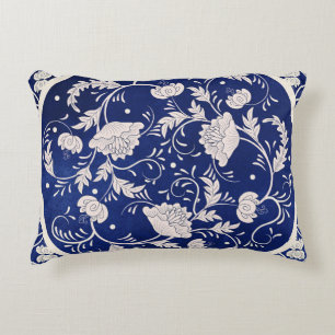 Chinese Floral Round: Blue Watercolor Vintage Accent Pillow