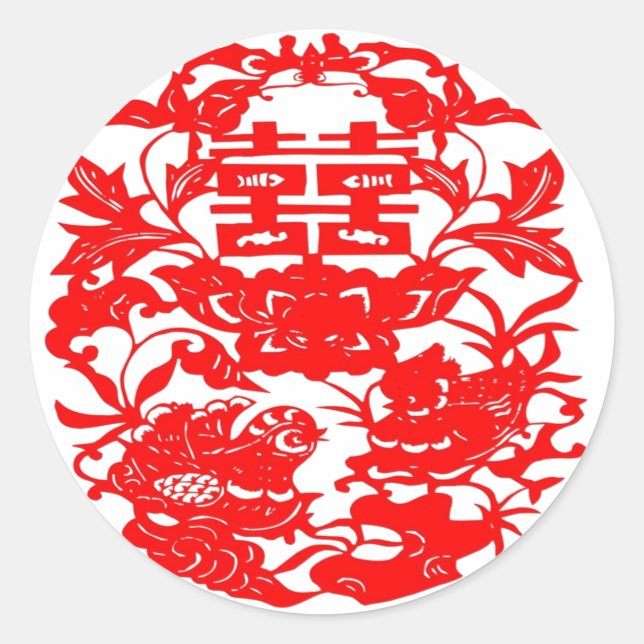 Chinese Folk Art Double Happiness Love Birds Classic Round Sticker (Front)