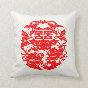 Chinese Folk Art Double Happiness Love Birds Throw Pillow